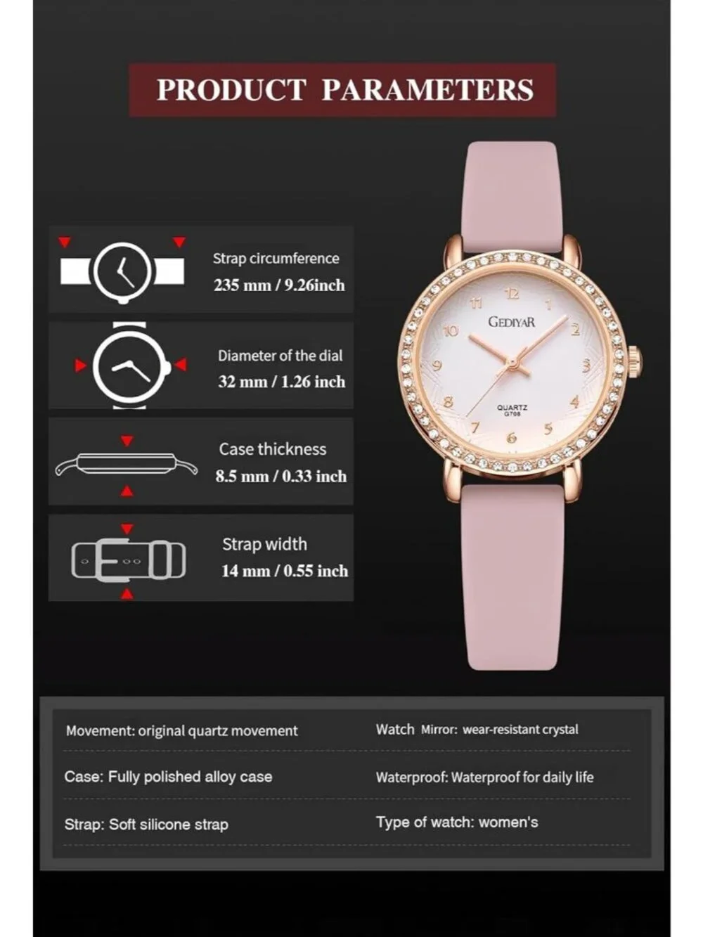 Women's Pink Analog Quartz Crystal Rhinestone Bezel Waterproof Round Wrist Watch
